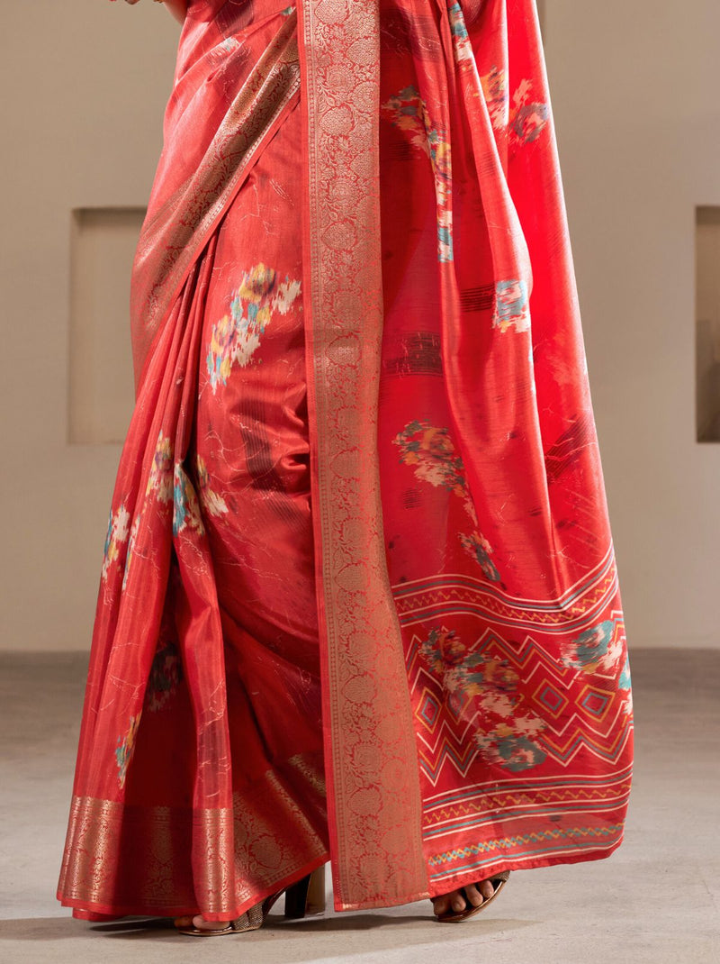 Pinkish Red Premium Dola Silk Designer Saree