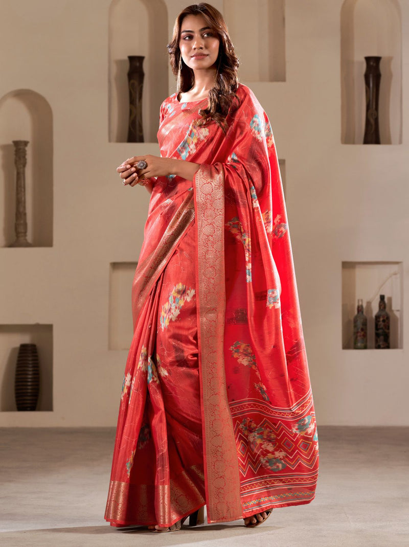 Pinkish Red Premium Dola Silk Designer Saree - TrendOye