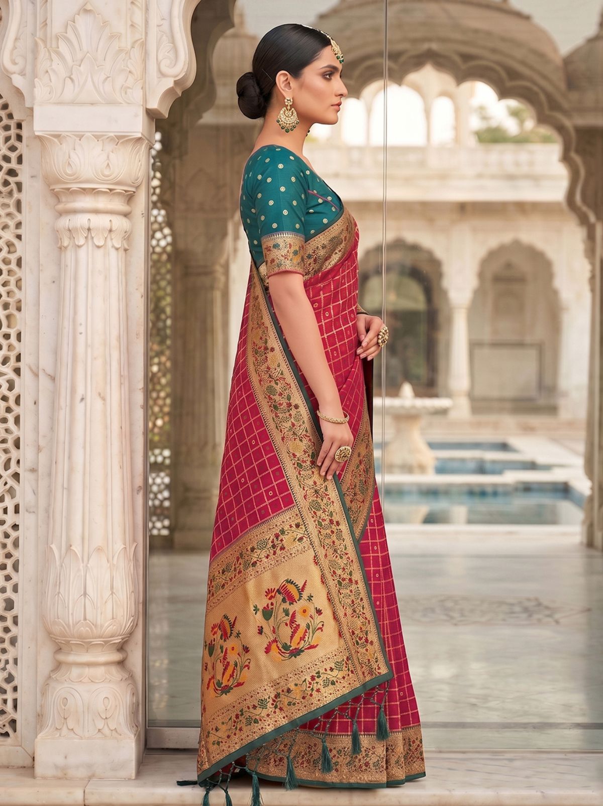 Raspberry Red Premium Banarasi Silk Saree With Tassels Work