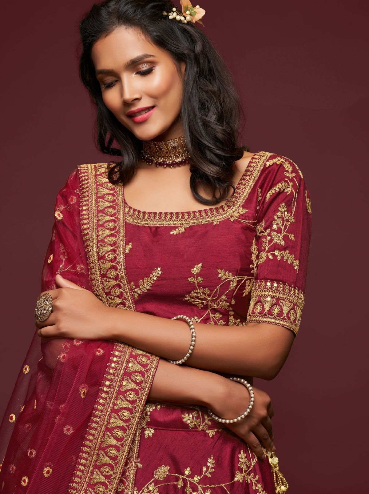 Maroon Red Premium Celebration Lehenga Set With Sequin & Zari Work