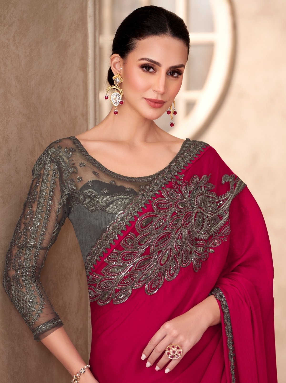 Rose Red Premium Chiffon Saree With Blouse Piece