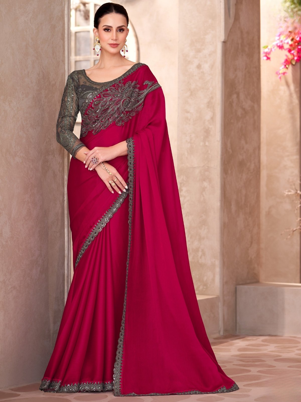 Rose Red Premium Chiffon Saree With Blouse Piece