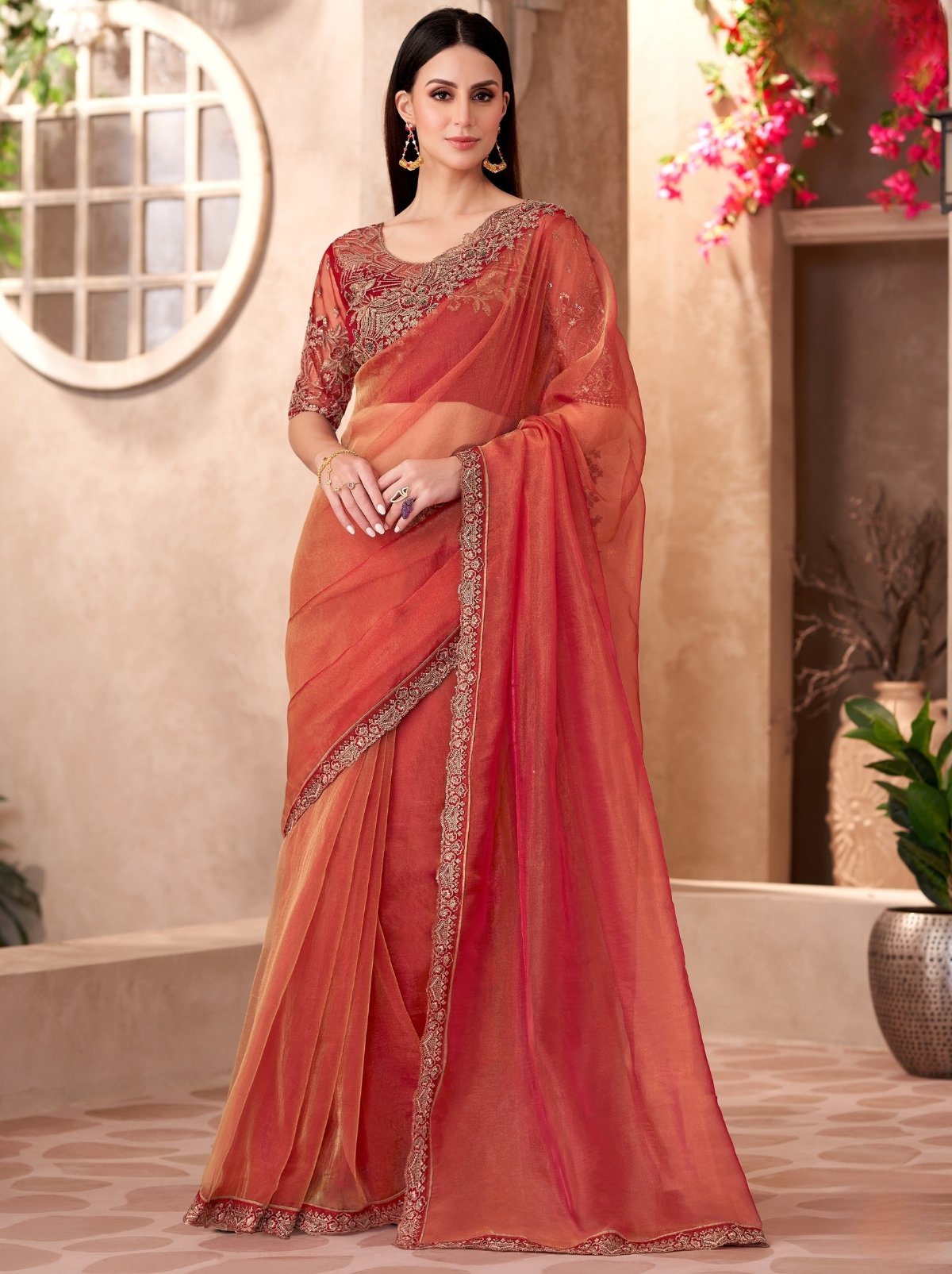 Persian Red Premium Chiffon Saree With Blouse Piece