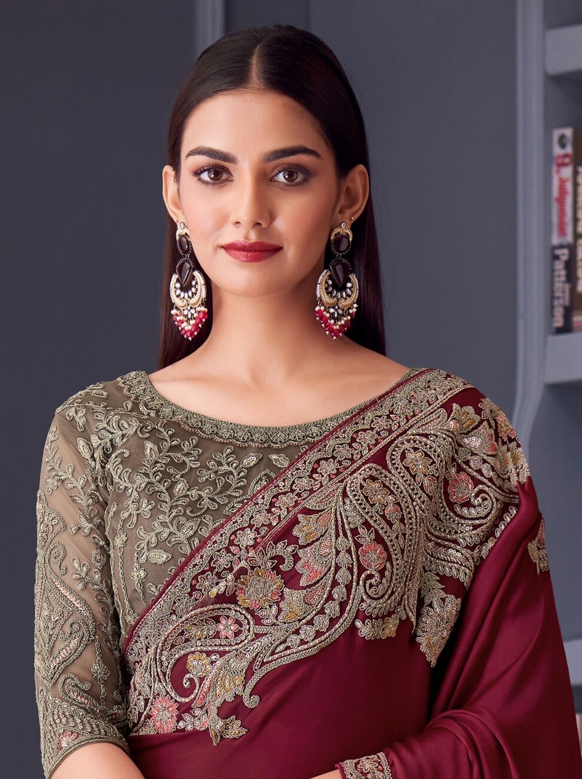 Burgundy Red Party Designer Saree - TrendOye