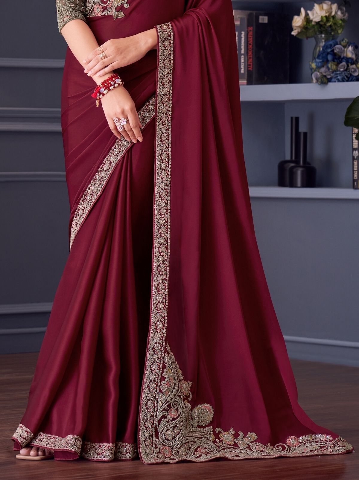 Burgundy Red Party Designer Saree - TrendOye