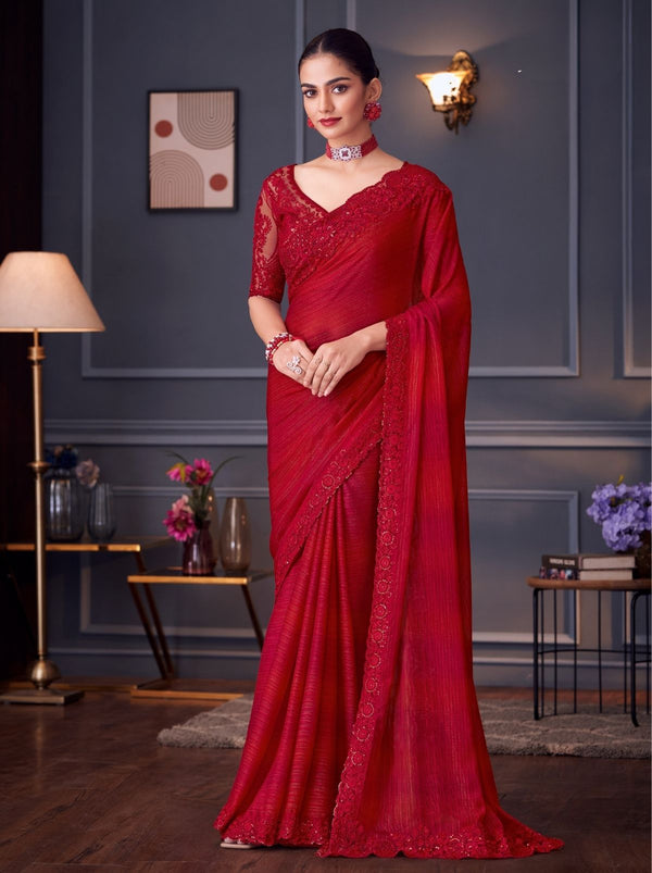 Carmine Red Party Designer Saree