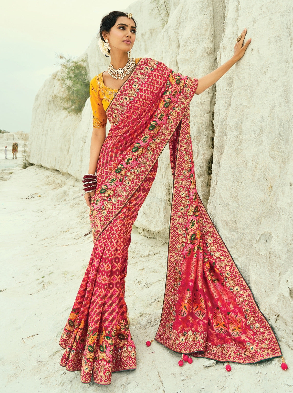 Raspberry Red Premium Georgette Wedding Saree With Bandhej Work