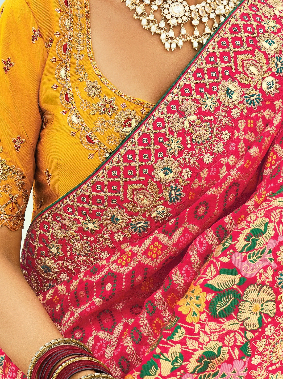 Raspberry Red Premium Georgette Wedding Saree With Bandhej Work