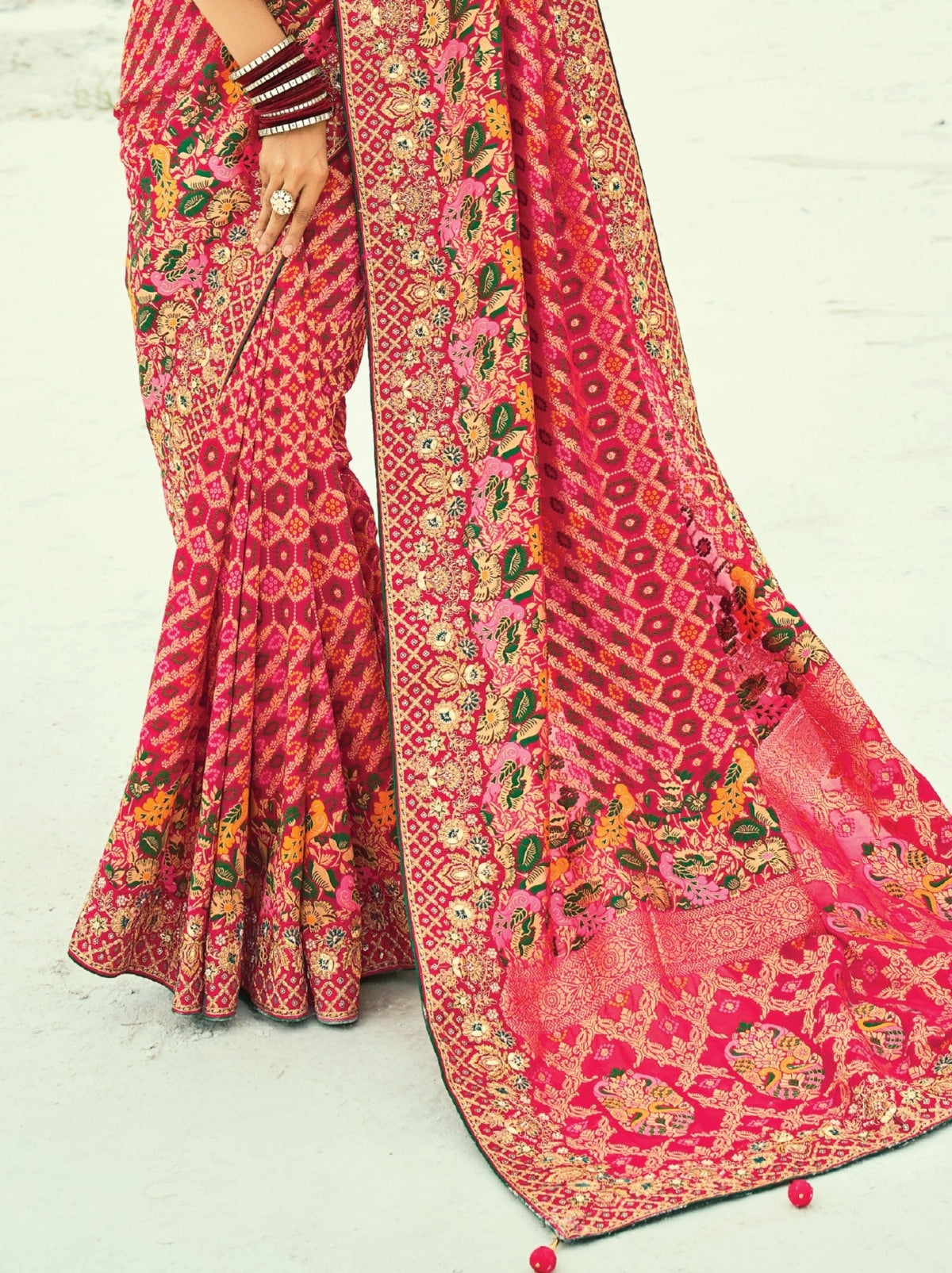 Raspberry Red Premium Georgette Wedding Saree With Bandhej Work