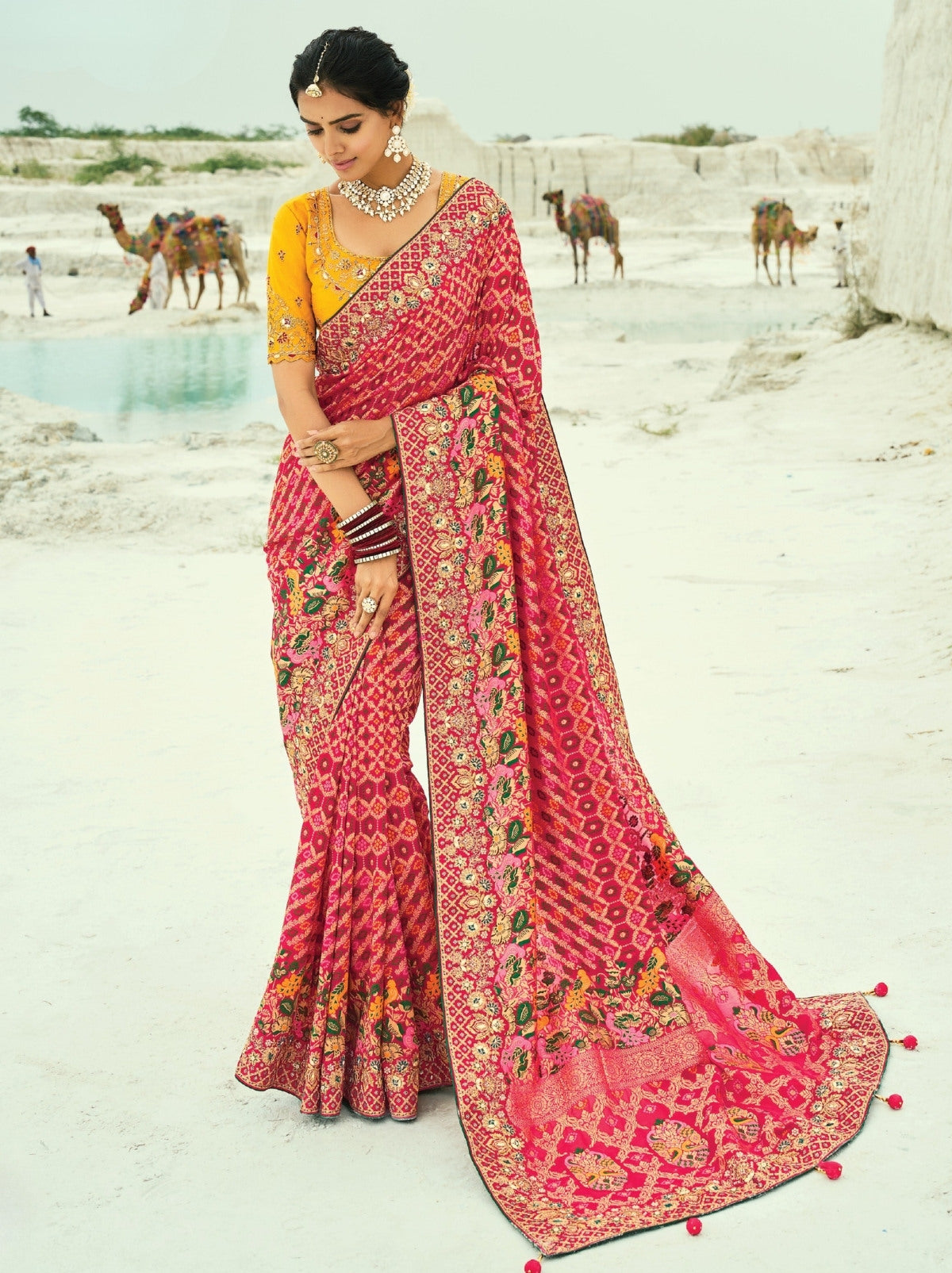 Raspberry Red Premium Georgette Wedding Saree With Bandhej Work