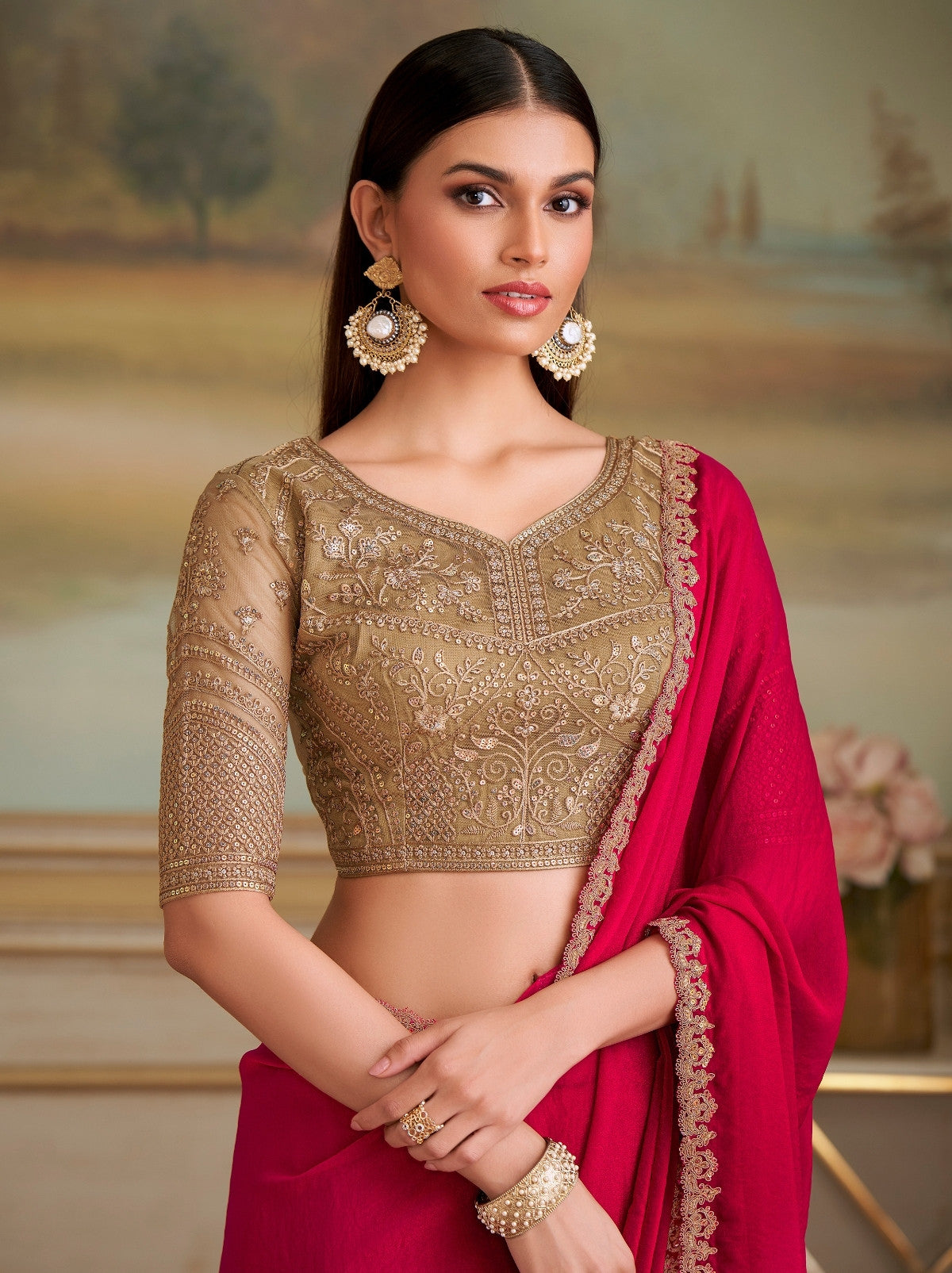 Carmine Red Premium Georgette Silk Saree For Wedding & Parties