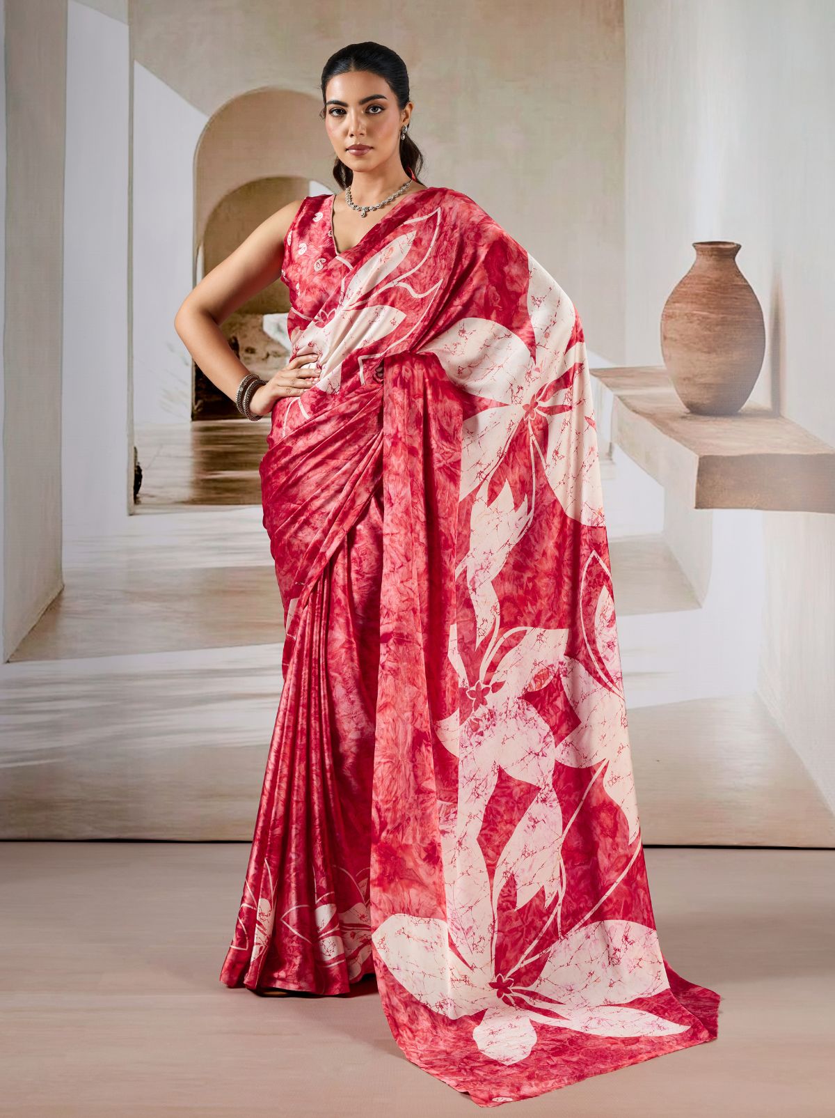 Raspberry Red Premium Modal Satin Silk Saree - TrendOye