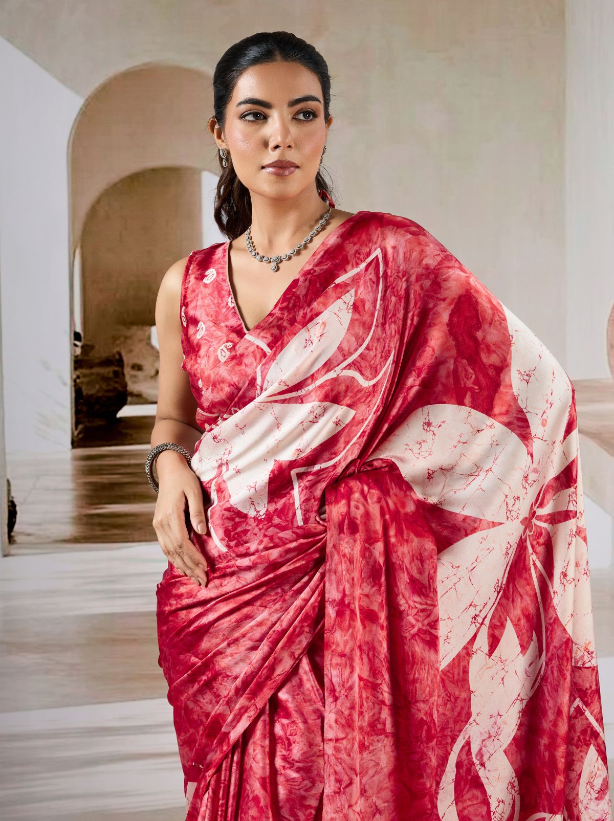 Raspberry Red Premium Modal Satin Silk Saree - TrendOye