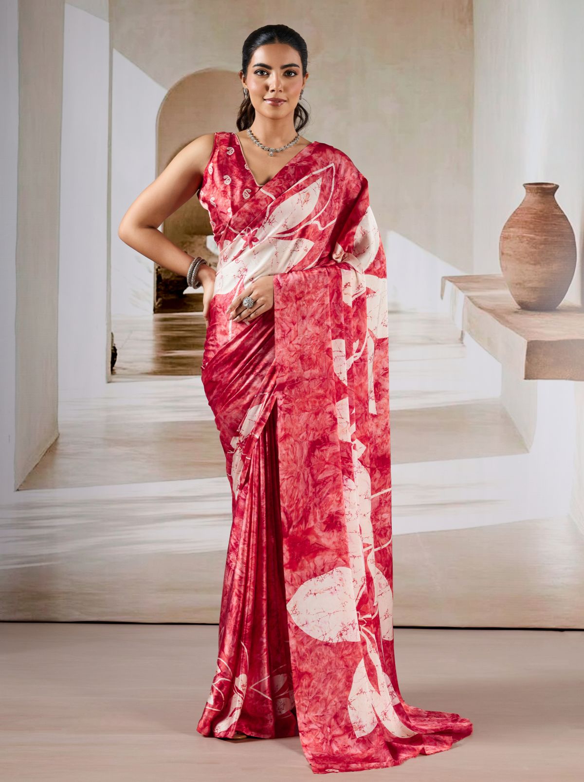 Raspberry Red Premium Modal Satin Silk Saree - TrendOye
