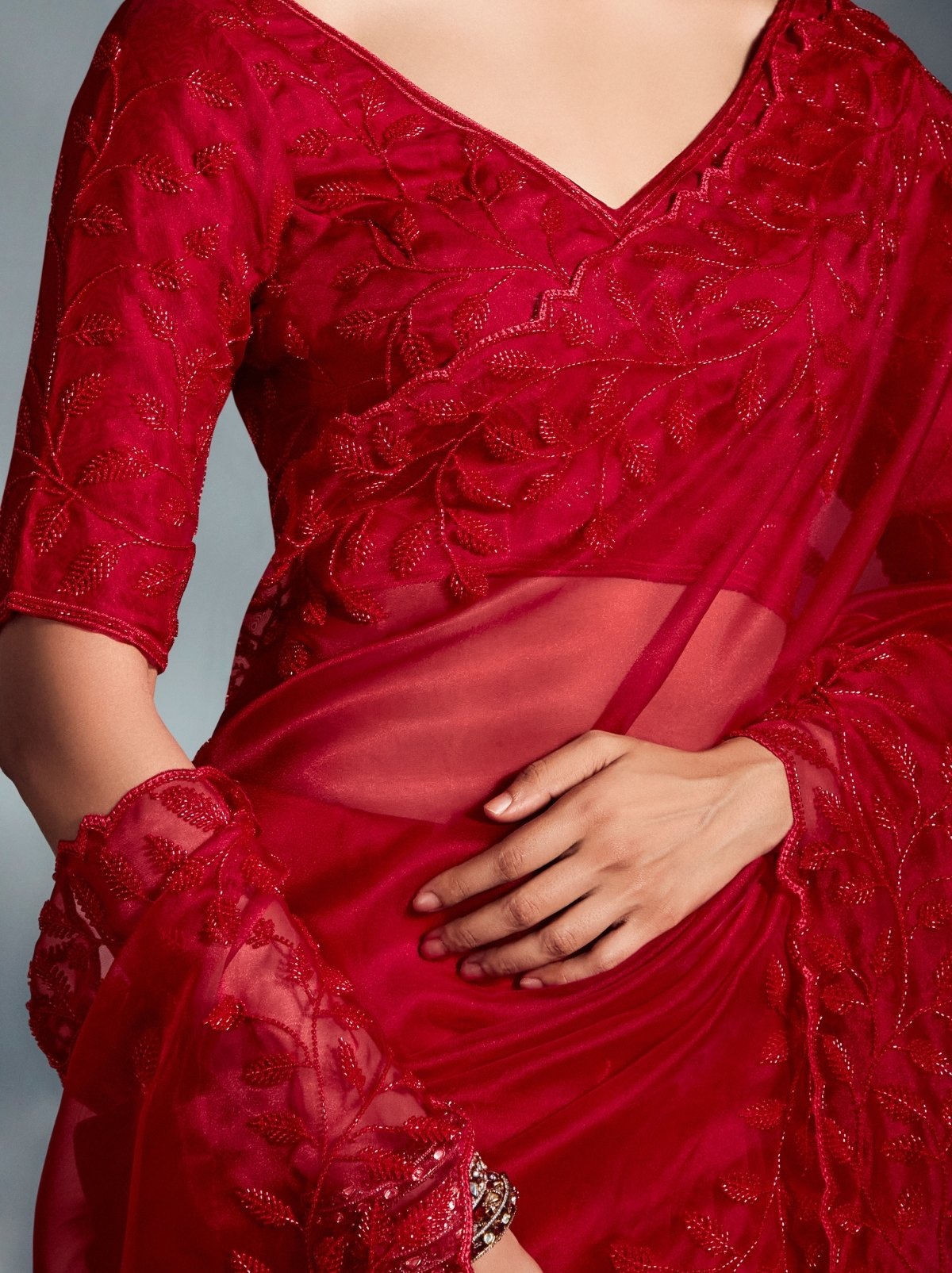 Crimson Red Tissue Organza Wedding Saree With Blouse Piece