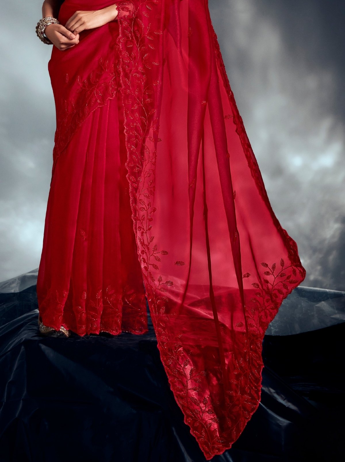 Crimson Red Tissue Organza Wedding Saree With Blouse Piece