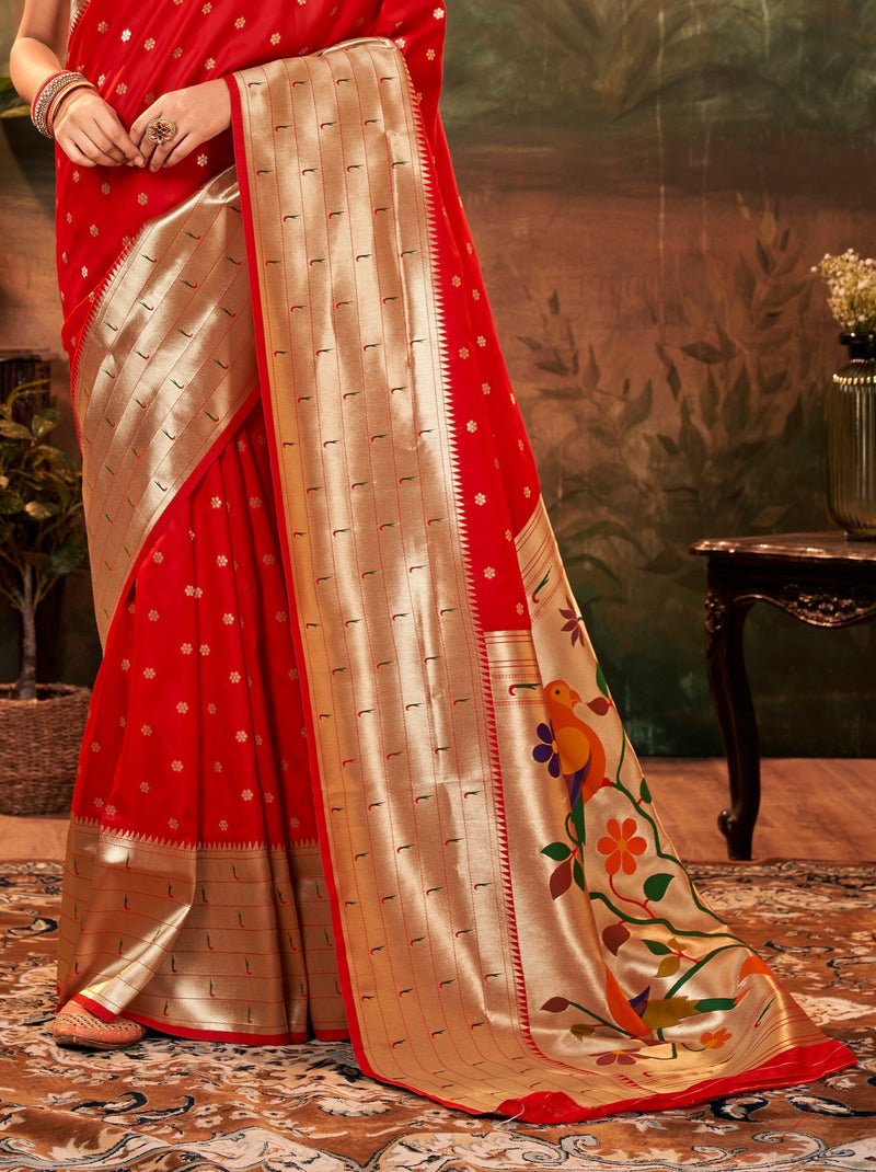 Chili Red Gorgeous Paithani Silk Wedding Saree