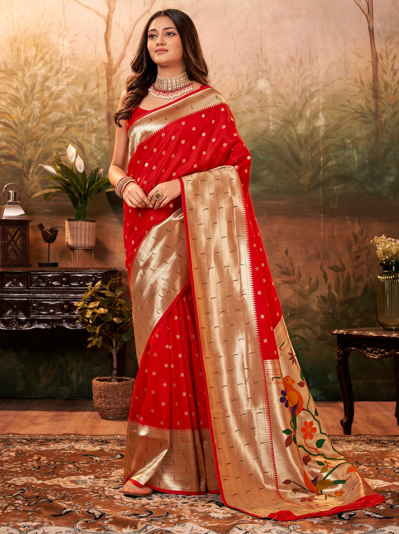 Chili Red Gorgeous Paithani Silk Wedding Saree