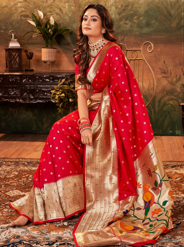 Scarlet Red Gorgeous Paithani Silk Wedding Saree