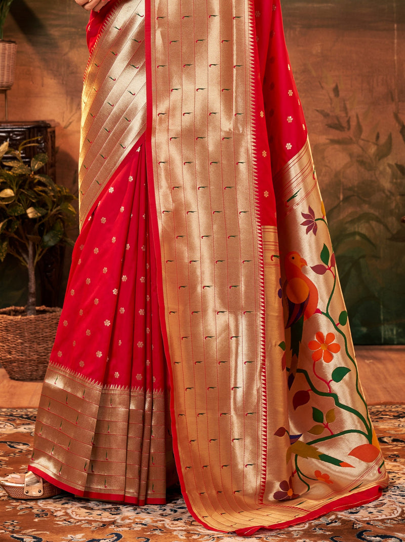 Scarlet Red Gorgeous Paithani Silk Wedding Saree