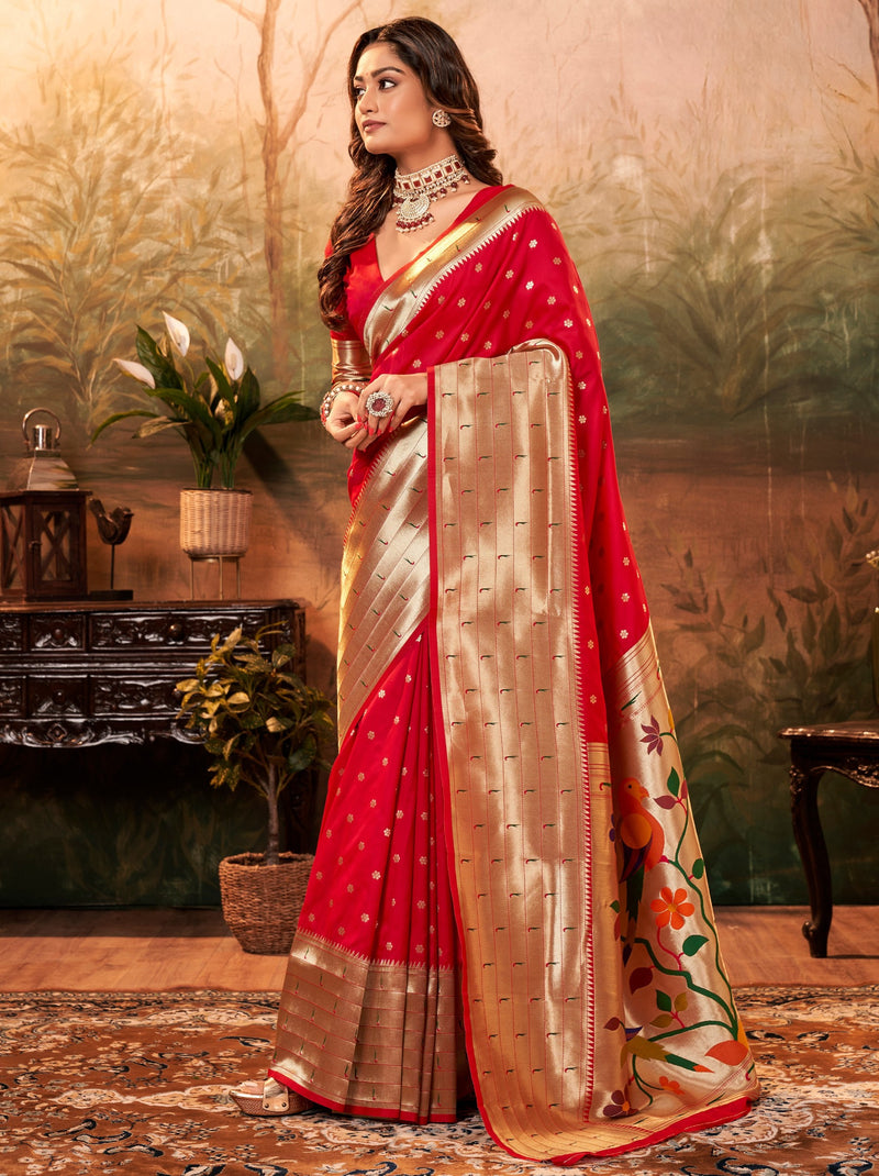 Scarlet Red Gorgeous Paithani Silk Wedding Saree