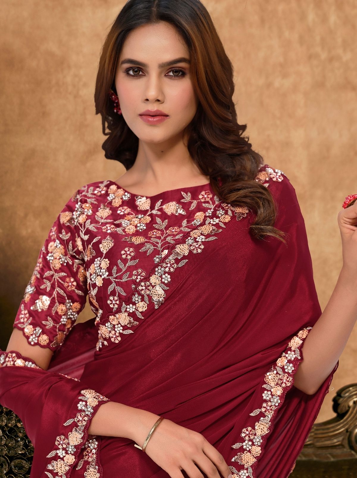 Burgundy Red Premium Reception Wear Saree With Unstitched Blouse