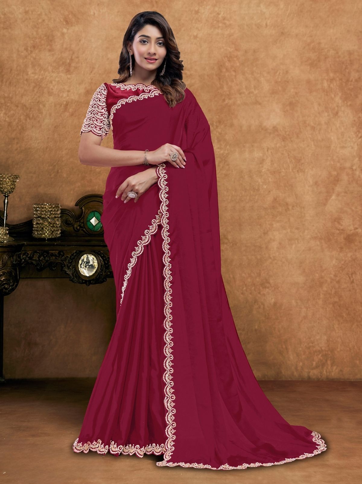 Carmine Red Premium Reception Wear Saree With Unstitched Blouse