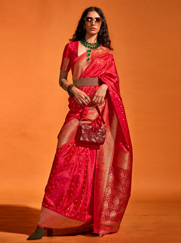 Crimson Red Traditional Soft Silk Saree With Blouse Piece