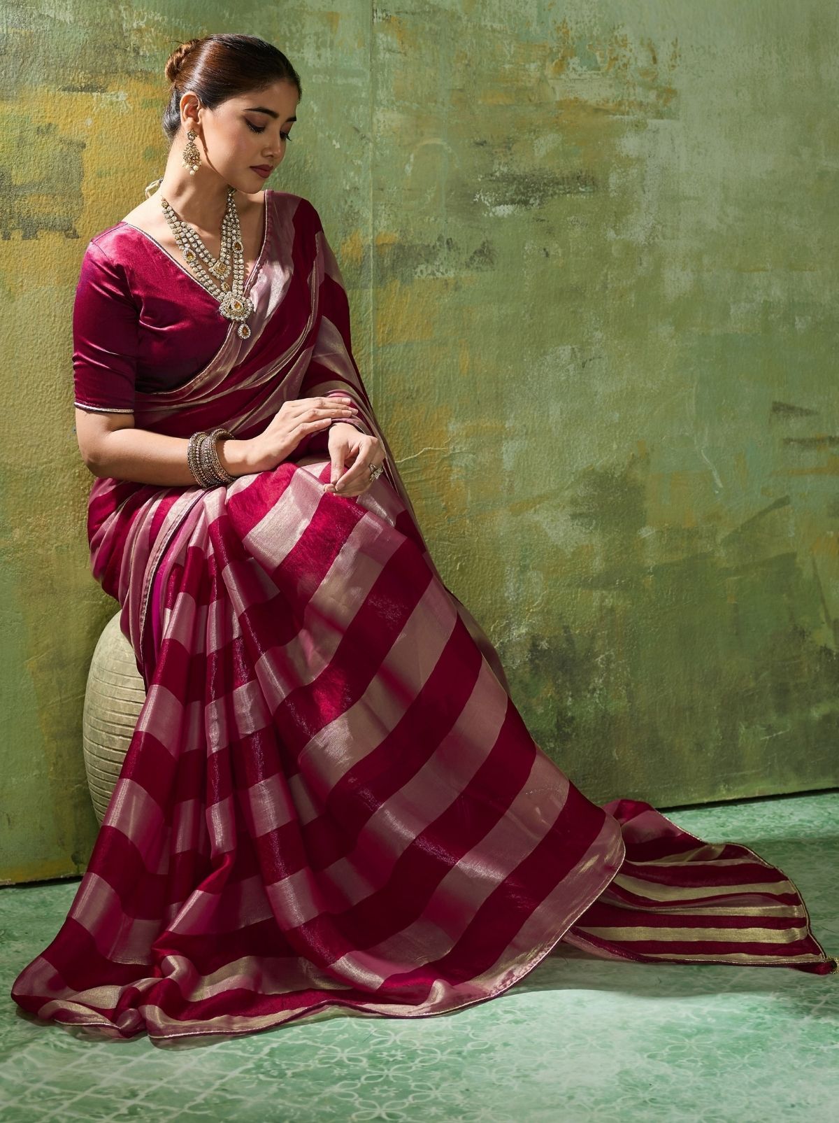 Maroon Red Premium Velvet Satin Saree With Tassel Work
