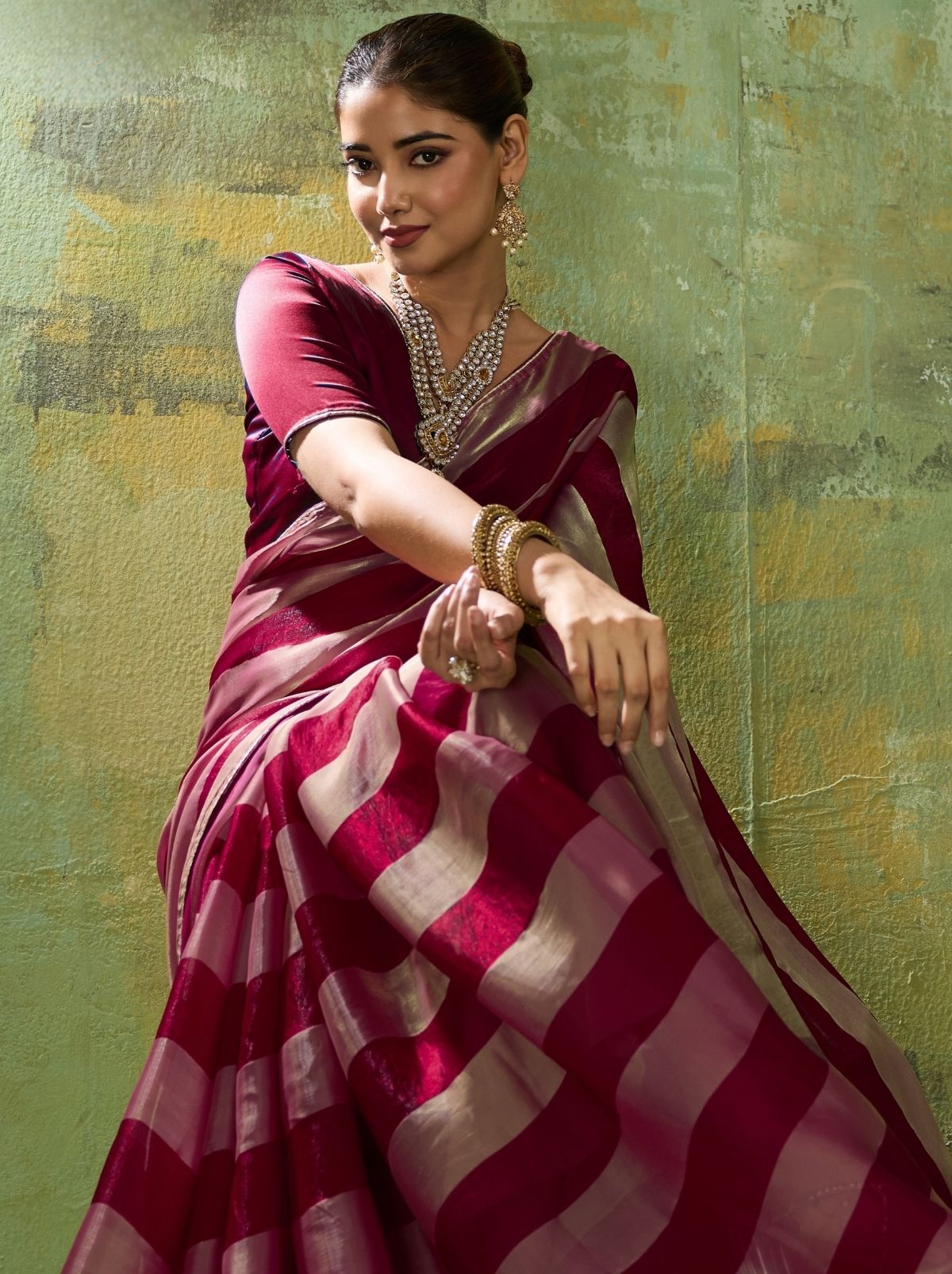Maroon Red Premium Velvet Satin Saree With Tassel Work