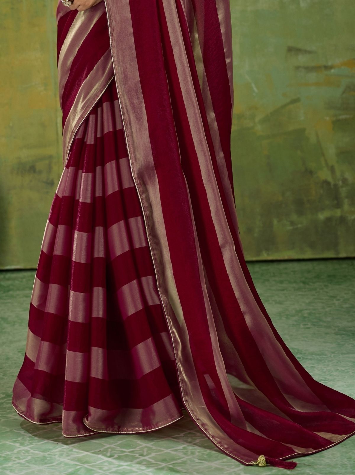 Maroon Red Premium Velvet Satin Saree With Tassel Work