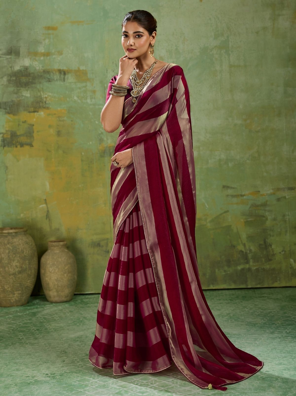 Maroon Red Premium Velvet Satin Saree With Tassel Work