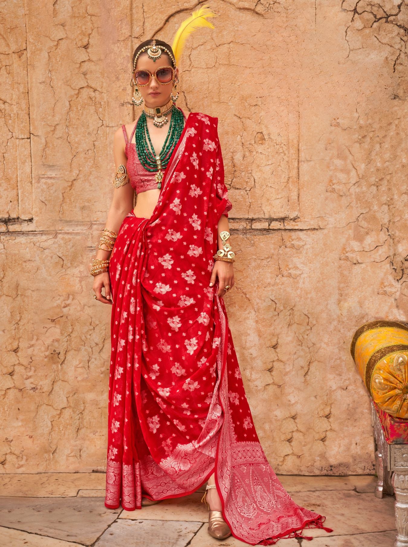 Crimson Red Festive Party Saree - TrendOye