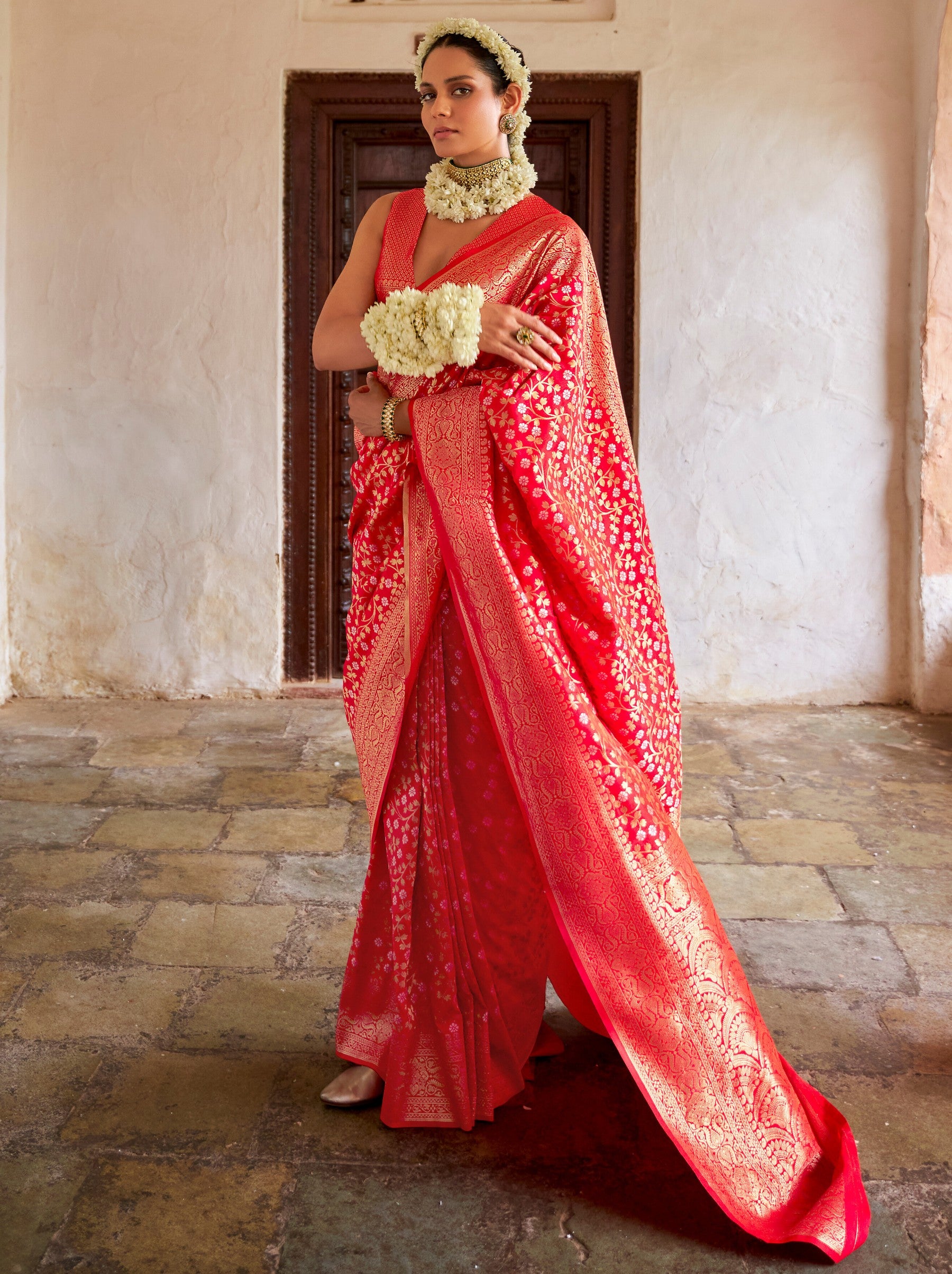 Candy Red Party Wedding Saree - TrendOye