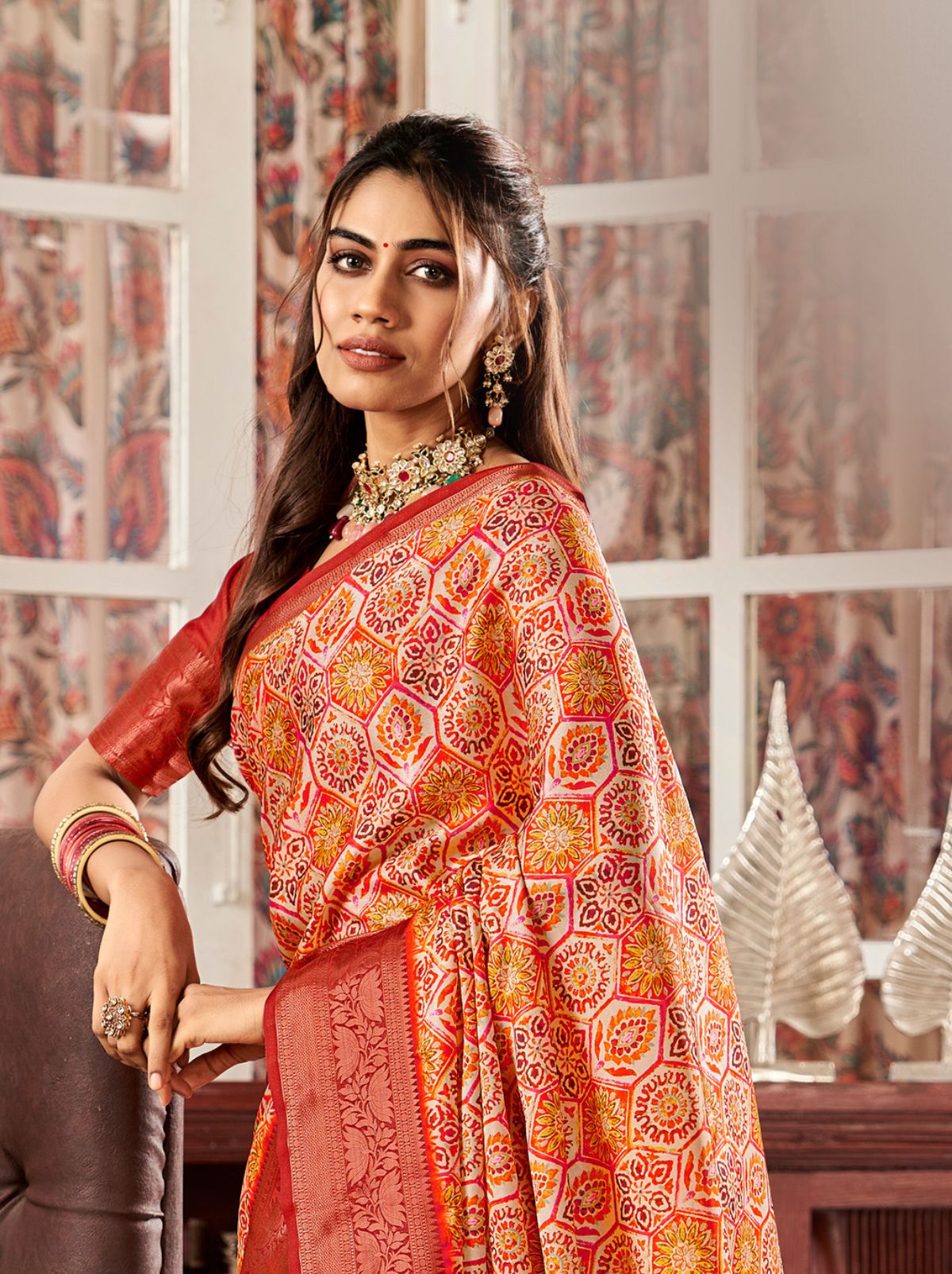 Red Designer Satin Silk Saree - TrendOye