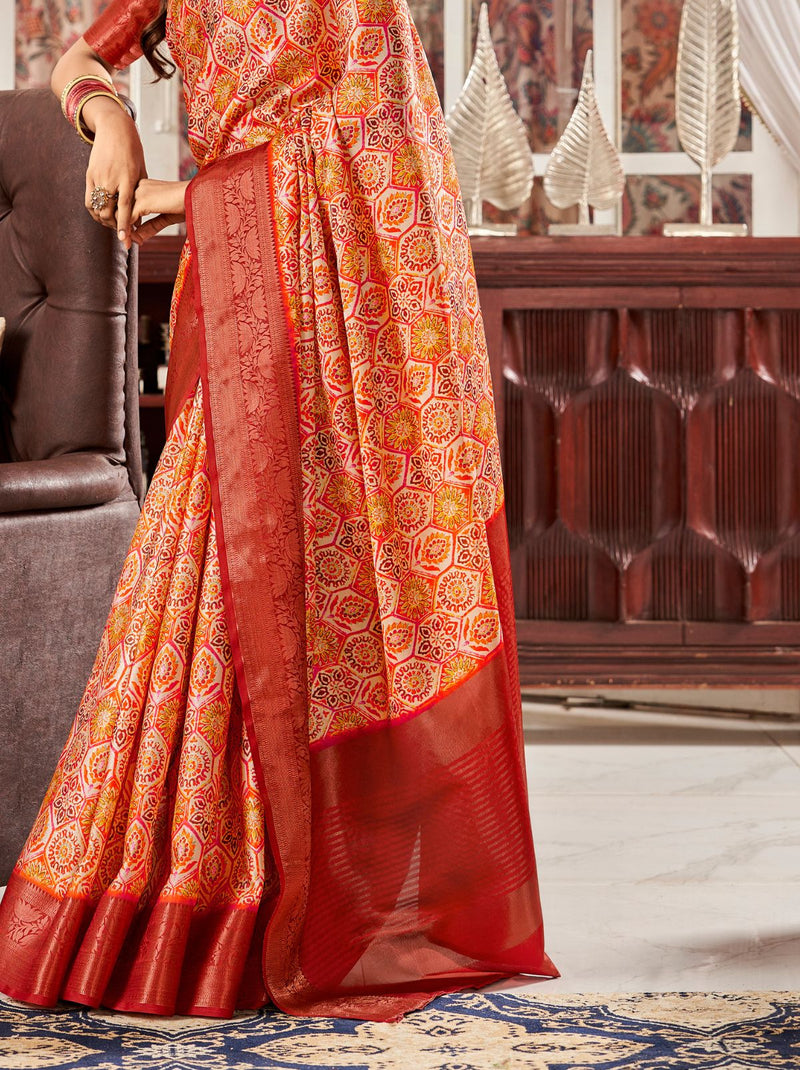 Red Designer Satin Silk Saree - TrendOye