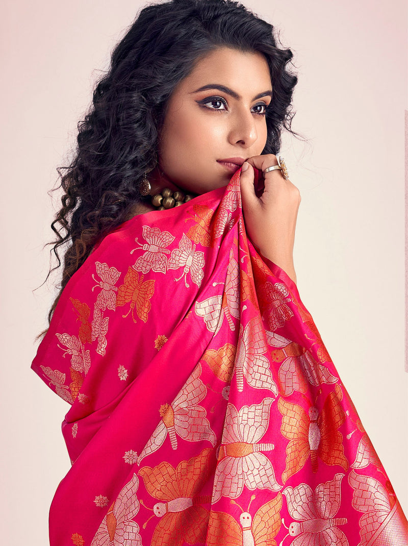 Ruby Pink Soft Silk Designer Saree - TrendOye