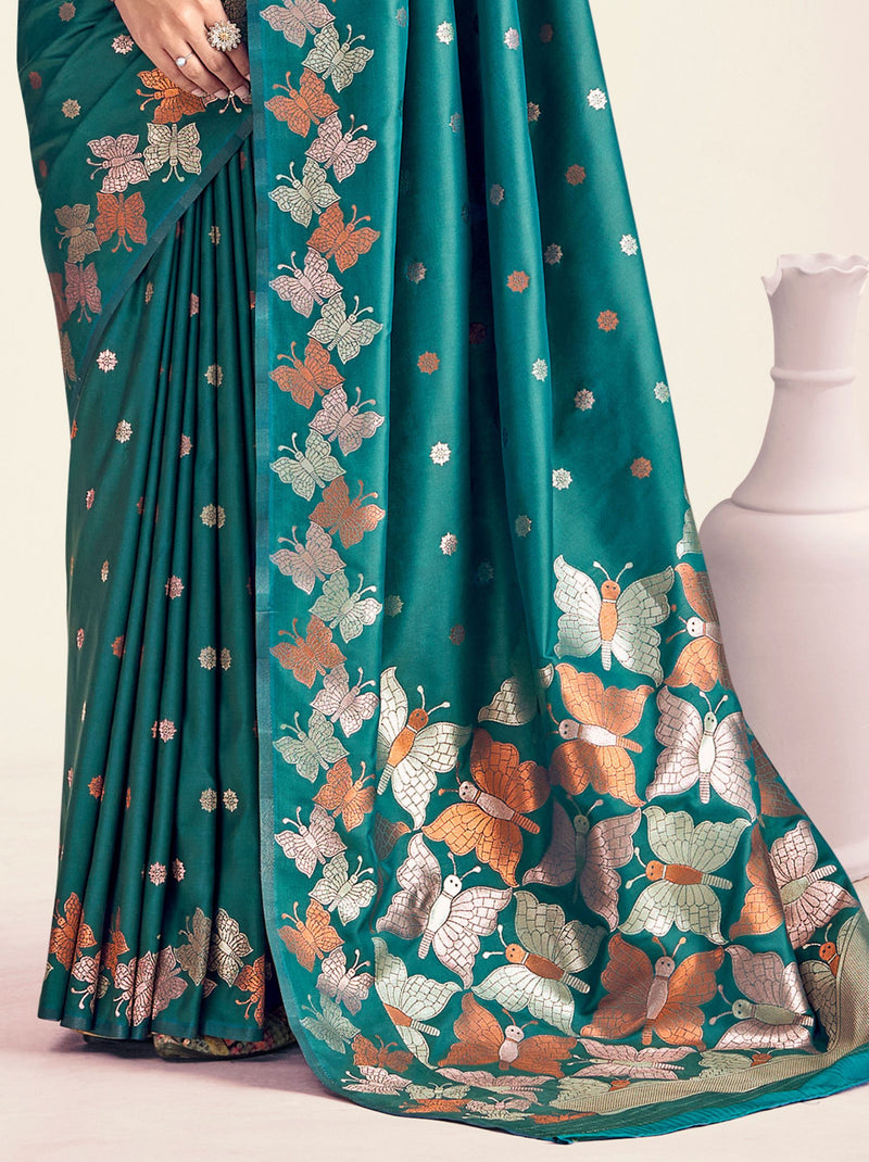 Pine Green Soft Silk Designer Saree - TrendOye