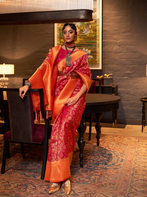 Fire Brick Red Soft Silk Handloom Weaving Party Saree