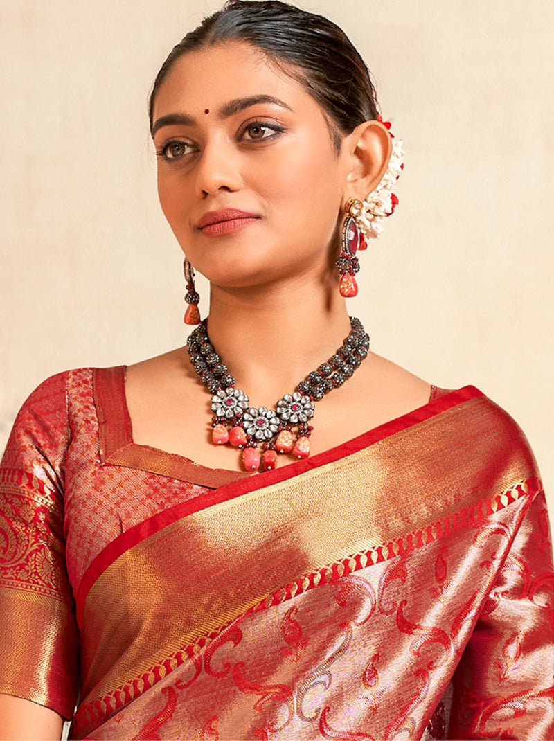 Crimson Red Soft Silk Zari Weaving Wedding Saree