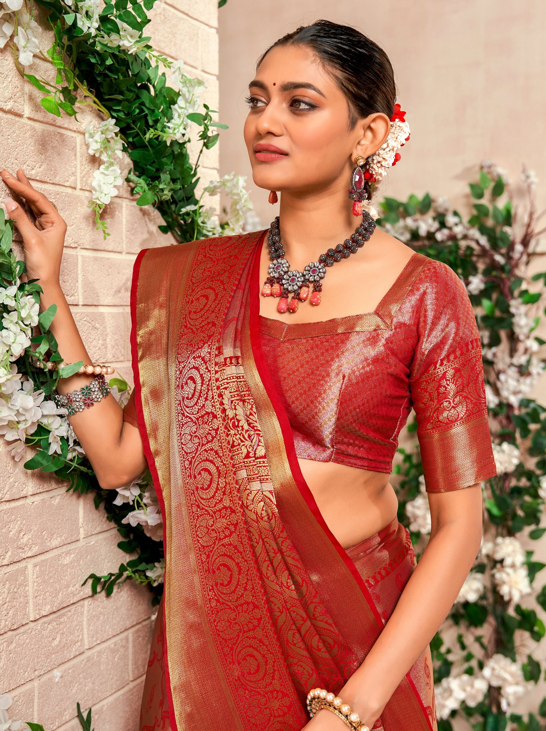 Crimson Red Soft Silk Zari Weaving Wedding Saree - TrendOye
