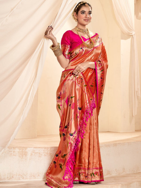 Imperial Red Paithani Silk Blended Saree - TrendOye