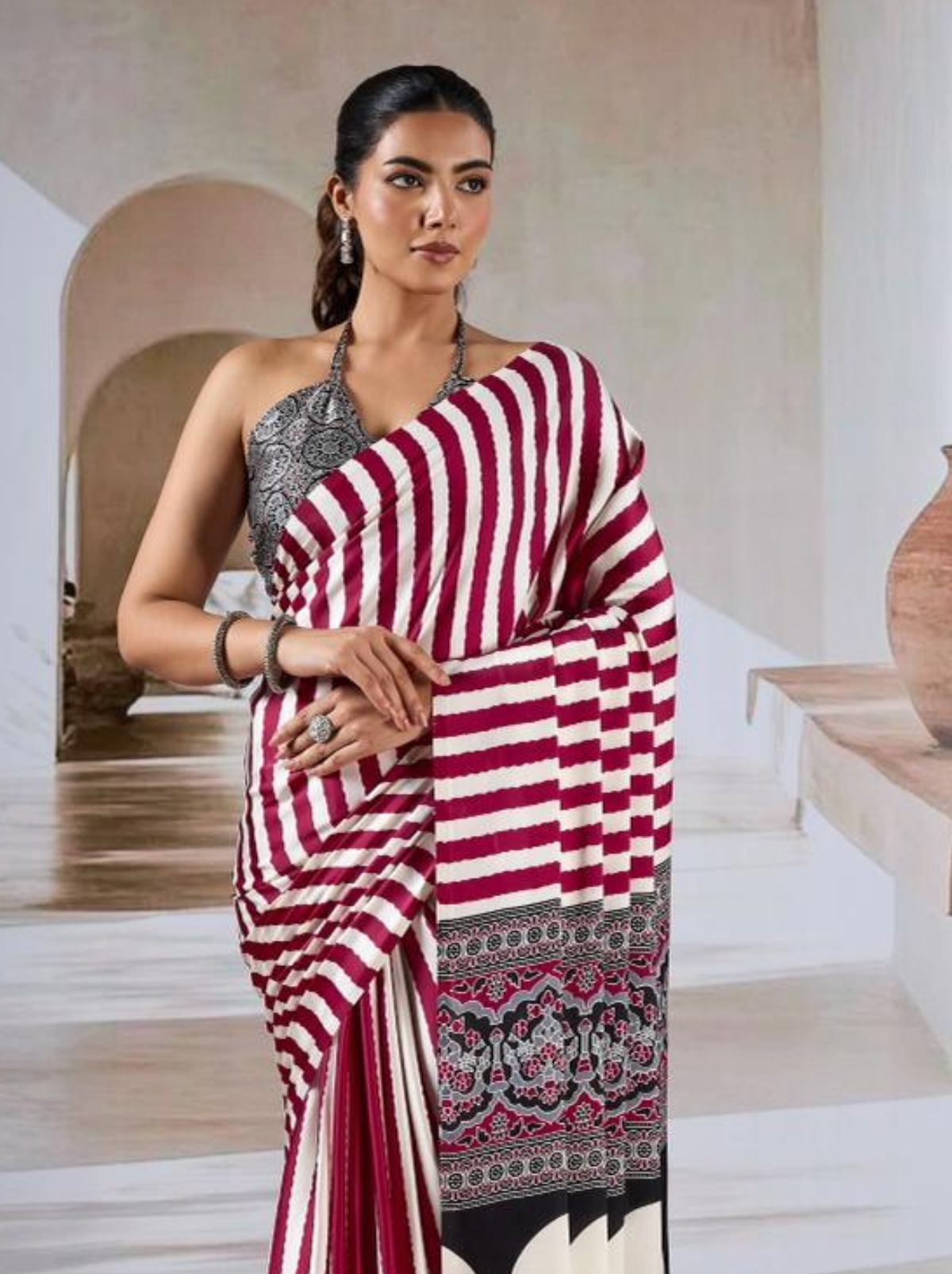Apple Red Trendy Striped Ajrakh Print Saree With Blouse Piece - TrendOye