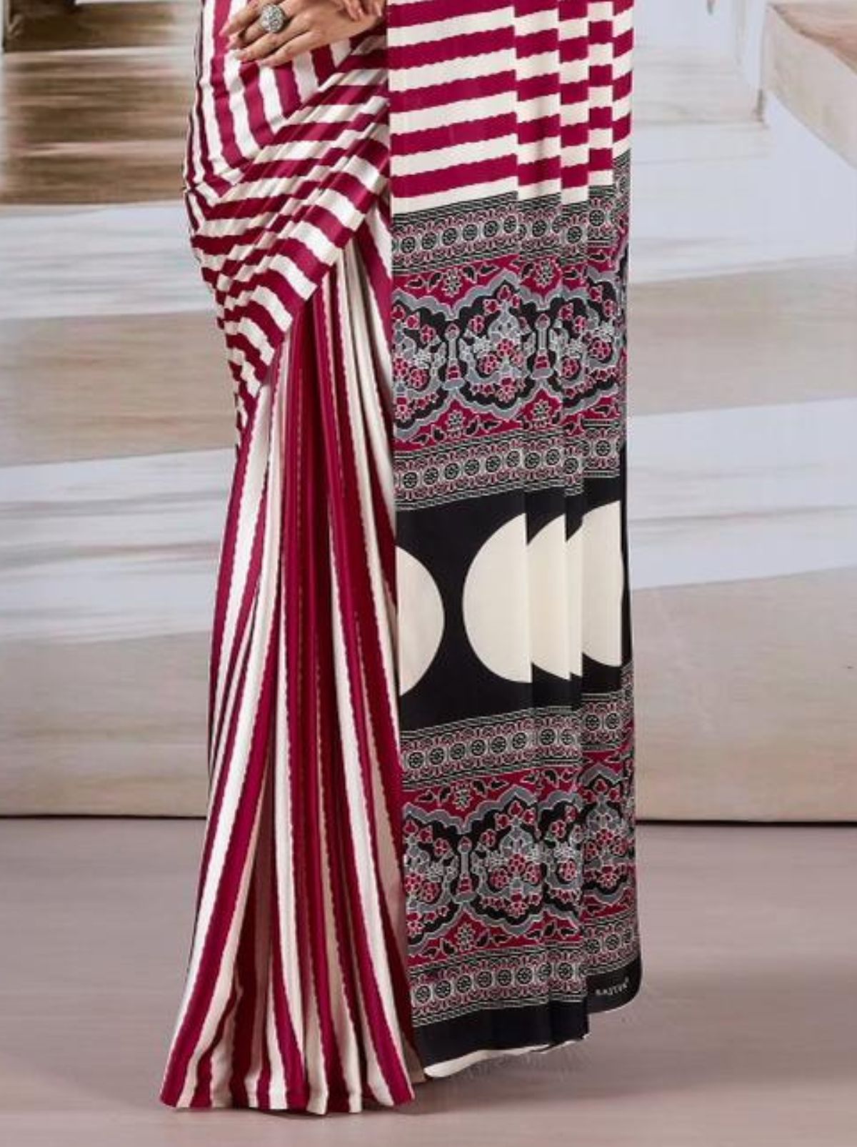 Apple Red Trendy Striped Ajrakh Print Saree With Blouse Piece - TrendOye
