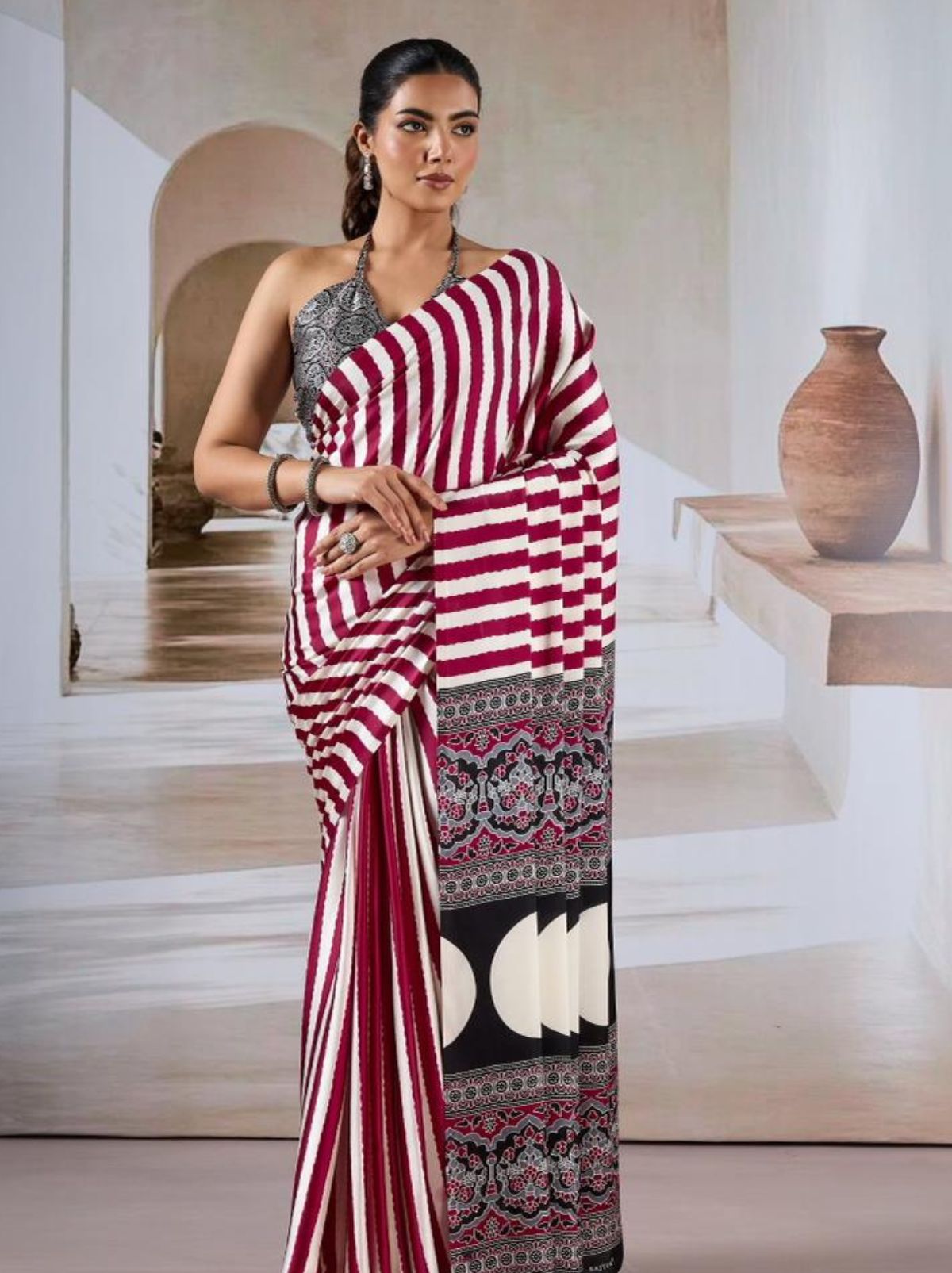 Apple Red Trendy Striped Ajrakh Print Saree With Blouse Piece - TrendOye
