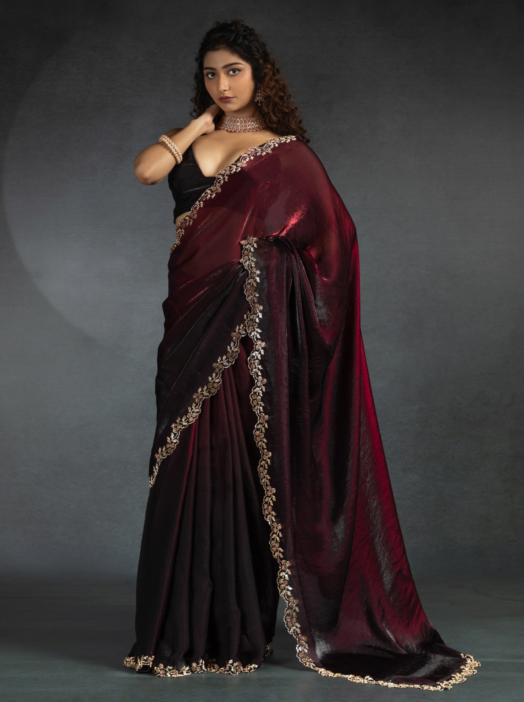 Maroon Red Satin Silk Party Saree With Blouse Piece - TrendOye