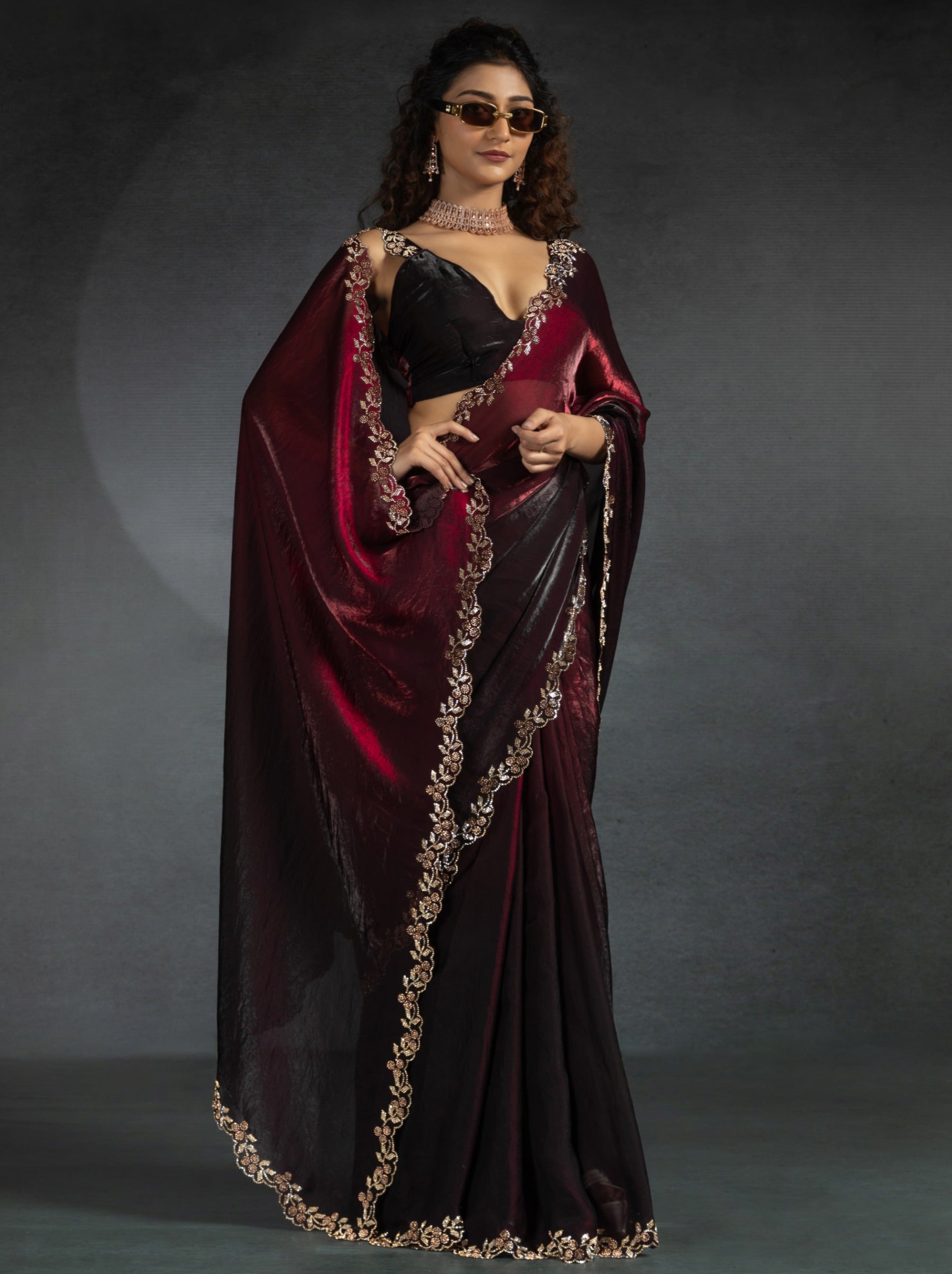 Maroon Red Satin Silk Party Saree With Blouse Piece - TrendOye