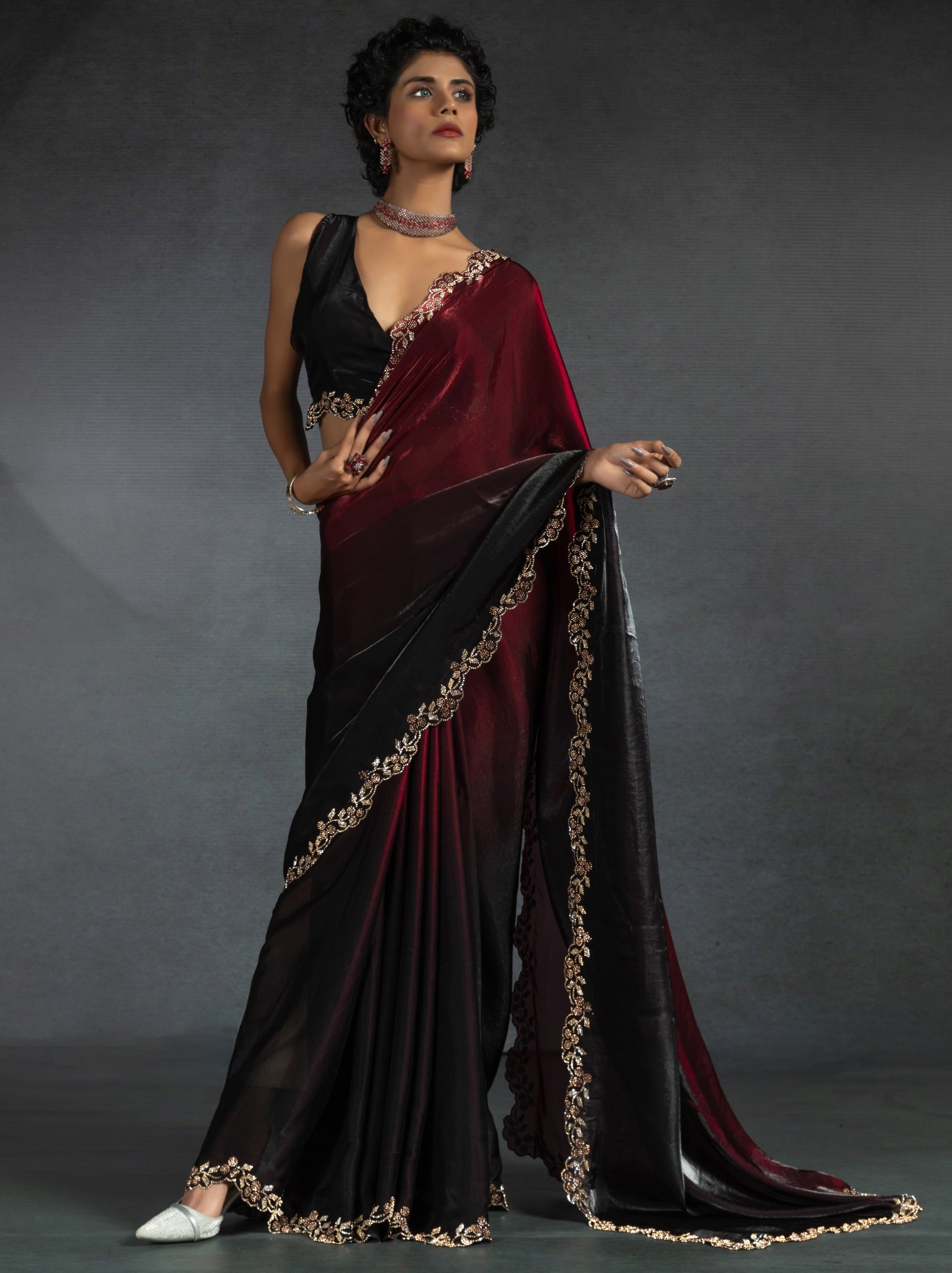 Barn Red Satin Silk Party Saree With Blouse Piece - TrendOye