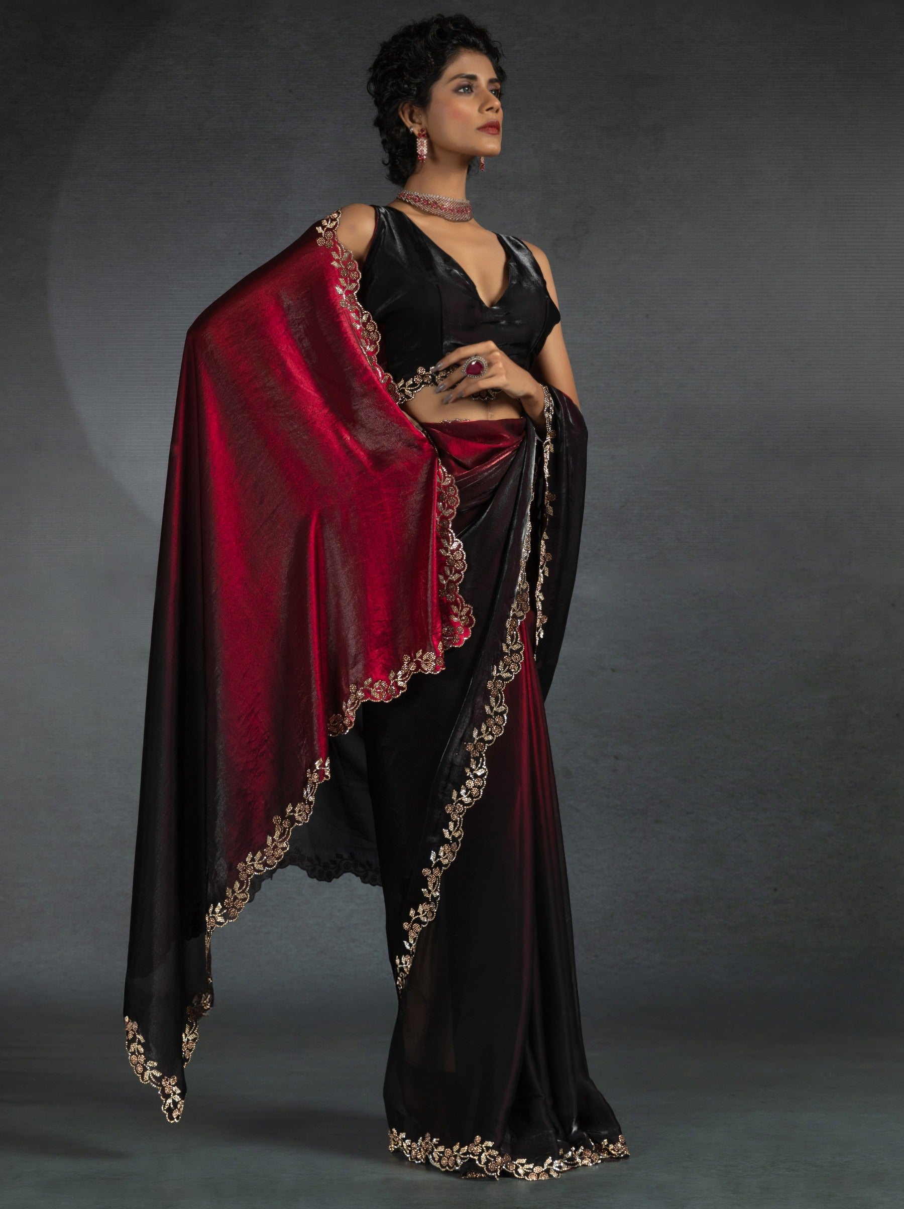Barn Red Satin Silk Party Saree With Blouse Piece - TrendOye