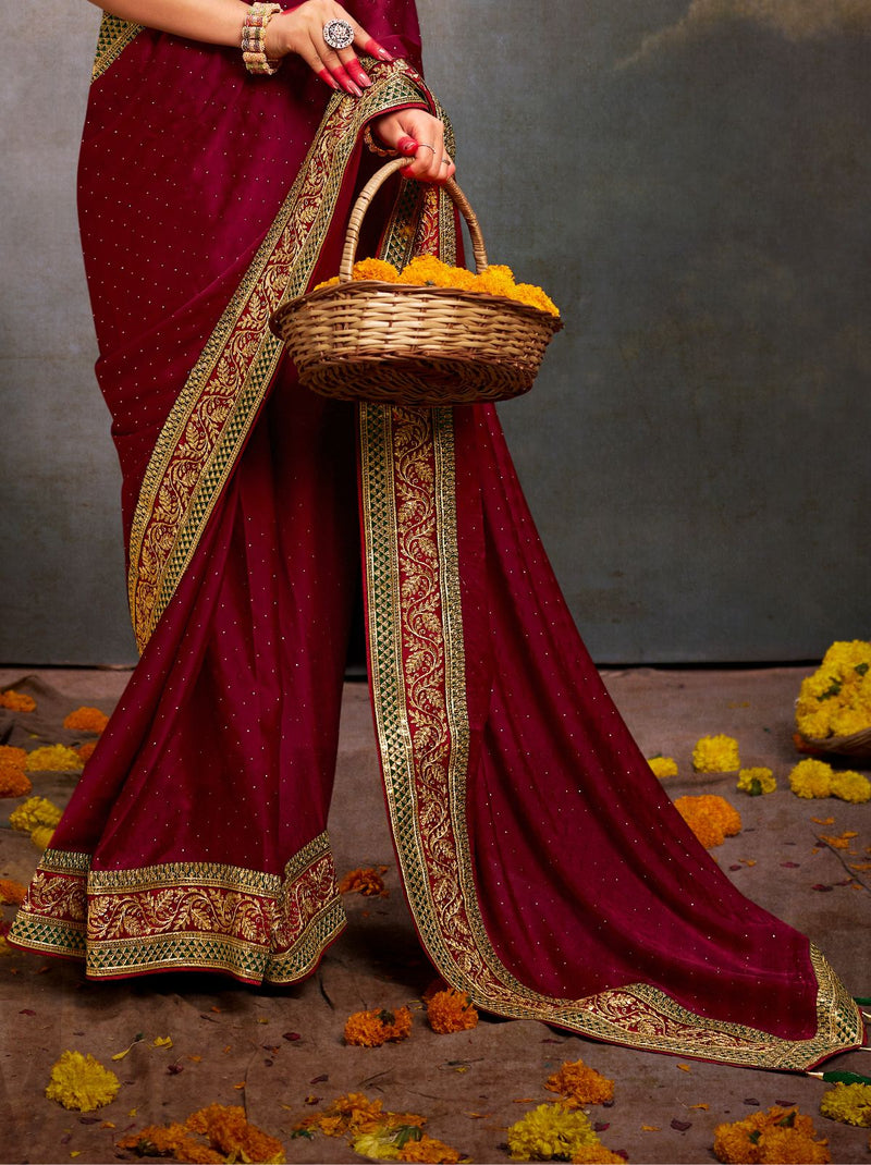 Burgundy Red Fine Premium Wedding Silk Designer Saree